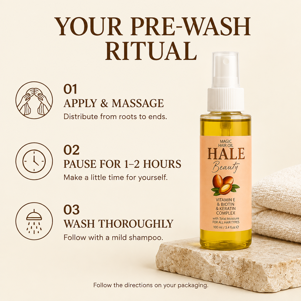 How to use Magic Hair Oil: apply before washing, leave on for 1–2 hours, then wash thoroughly