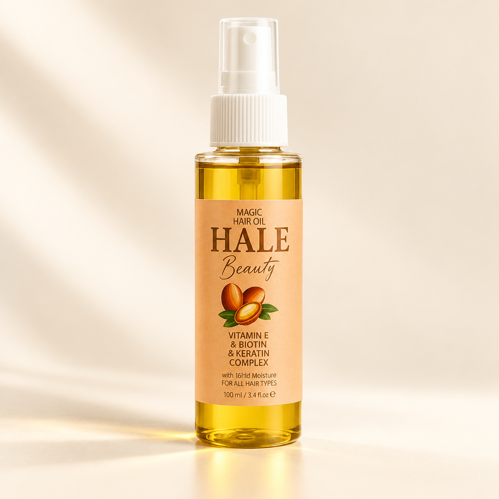 Hale Beauty Magic Hair Oil 100 ml bottle and box on a warm cream background