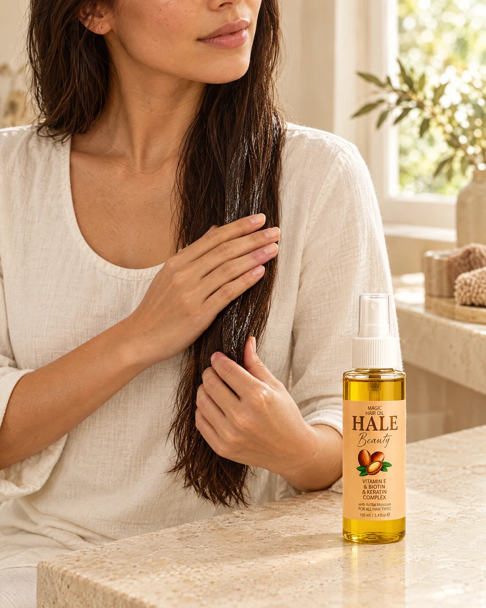 Illustration of hair oil being distributed through hair