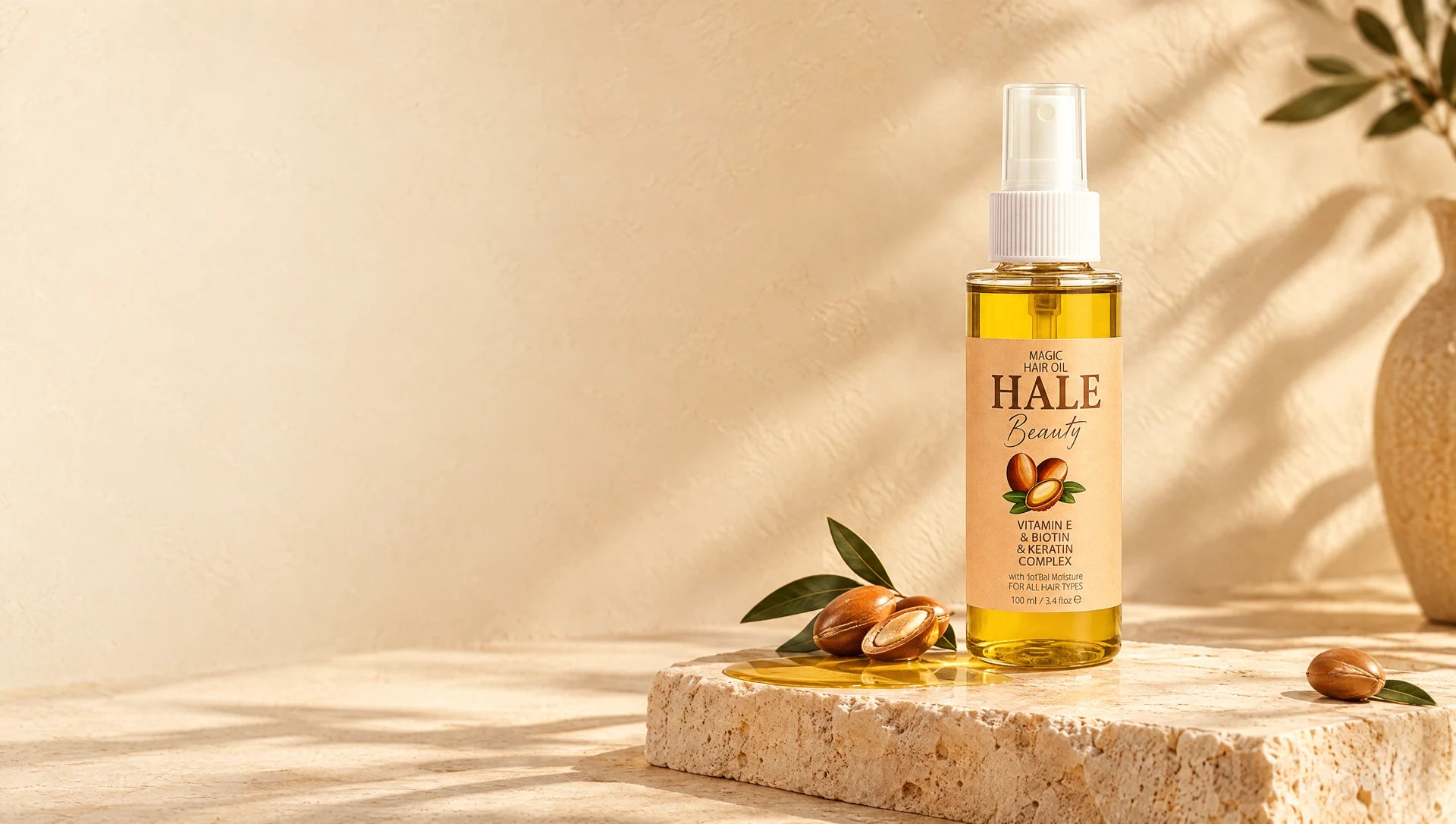 Hale Beauty Magic Hair Oil in warm golden sunlight